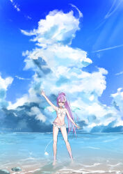  1girl arm_up artist_name beach bikini blue_sky blush braid braided_bangs center-flap_bangs cloud cloudy_sky collarbone commentary_request day demon_girl demon_tail demon_wings double-parted_bangs frilled_bikini frills front-tie_bikini_top front-tie_top hair_between_eyes highres hip_tattoo hiragi_1014 hololive long_bangs long_hair mini_wings navel navel_piercing ocean open_mouth outdoors piercing ponytail purple_eyes rock sky solo sparkle standing stomach string_bikini sweat swimsuit tail tokoyami_towa very_long_hair virtual_youtuber wading water water_drop watermark waving wet white_bikini white_tail white_wings wide_shot winged_heart_tattoo wings yellow_eyes 