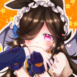  1boy 1girl animal_ears asymmetrical_bangs bat_wings biting biting_another&#039;s_hand black_bow black_bowtie blue_gloves bow bowtie brown_hair commentary_request flipped_hair frilled_hairband frills gloves hair_over_one_eye hairband horse_ears indigoembers2 lolita_hairband long_bangs long_hair looking_at_viewer official_alternate_costume orange_background pink_eyes puffy_short_sleeves puffy_sleeves purple_bow purple_bowtie rice_shower_(make_up_vampire!)_(umamusume) rice_shower_(umamusume) shirt short_sleeves solo_focus spiked_hair two-tone_bow two-tone_bowtie umamusume upper_body white_shirt wings 