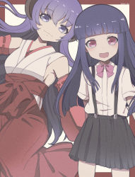 2girls :d bare_shoulders blue_hair bow detached_sleeves furude_rika hakama hakama_skirt hanyuu highres higurashi_no_naku_koro_ni horns japanese_clothes kagi0487_(weiss_9610) long_hair looking_at_viewer miko multiple_girls open_mouth purple_eyes purple_hair red_hakama short_sleeves sidelocks skirt smile straight_hair suspender_skirt suspenders upper_body rating:General score:8 user:danbooru
