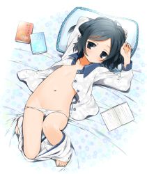  1girl agemono arm_behind_head barefoot black_eyes black_hair blush book breasts female_focus flat_chest groin loli looking_at_viewer lying navel on_back open_clothes original pajamas pajamas_pull panties pillow solo underboob underwear  rating:Questionable score:113 user:danbooru