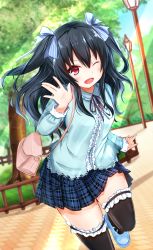  &gt;;) &gt;;d 10s 1girl ;d alternate_costume black_hair blush casual day dutch_angle ex_idol female_focus frilled_skirt frills hair_ornament hair_ribbon hairclip hairpin highres long_hair looking_at_viewer neptune_(series) one_eye_closed open_mouth outdoors red_eyes ribbon skirt smile solo source_request thighhighs thighs uni_(neptunia) v-shaped_eyebrows 