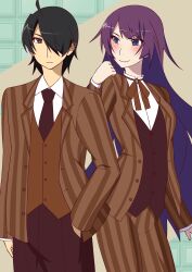  1boy 1girl ahoge albino_oscar araragi_koyomi black_eyes black_hair blue_eyes blush brown_jacket brown_pants brown_shirt commentary crossdressing gradient_eyes hair_over_one_eye hand_in_pocket happy_valentine hetero highres jacket long_hair long_sleeves looking_at_another monogatari_(series) multicolored_eyes necktie one_eye_covered pants purple_hair senjougahara_hitagi shirt short_hair smile striped_clothes striped_jacket striped_pants striped_shirt tuxedo vertical-striped_clothes vertical-striped_jacket vertical-striped_pants white_shirt 