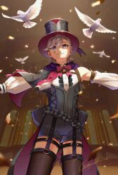  1boy artist_name award_ribbon bird black_capelet black_corset black_hat black_shorts black_thighhighs blonde_hair blurry blurry_background bow bowtie brown_bow brown_bowtie buttons capelet center_frills confetti corset cowboy_shot detached_sleeves dove frills garter_straps genshin_impact grin hair_between_eyes hashtag-only_commentary hat hat_ribbon highres indoors long_sleeves looking_at_viewer lyney_(genshin_impact) male_focus outstretched_arms parted_bangs parted_lips purple_eyes red_bow red_bowtie ribbon shirt shokun_2 short_hair short_shorts shorts signature sleeveless sleeveless_shirt smile solo spread_arms standing swept_bangs teardrop_facial_mark thighhighs top_hat white_shirt white_sleeves 