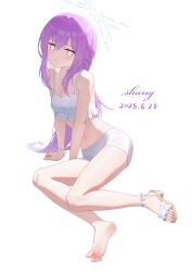  1girl absurdres atsuko_(blue_archive) atsuko_(swimsuit)_(blue_archive) barefoot blue_archive blush feet highres long_hair looking_at_viewer pink_hair sandals shang_(fushangzhe) shoes single_shoe soles swimsuit toes white_eyes 