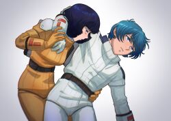  1boy 1girl aeug after_battle bad_end belt black_hair blue_eyes blue_hair carrying carrying_person commentary_request crazy empty_eyes fa_yuiry gloves gradient_background gundam highres kamille_bidan kogetoriten_999 pilot_suit ptsd sad science_fiction spacesuit spoilers tears thousand_yard_stare tikarawaza zeta_gundam 
