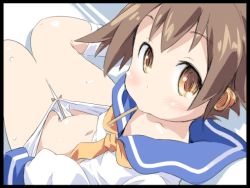  1girl ascot blush brown_eyes brown_hair female_focus food_in_mouth from_above from_behind ham_(points) kantai_collection loli looking_back navel panties panty_pull pocky pocky_in_mouth sailor_collar short_hair solo underwear yukikaze_(kancolle)  rating:Explicit score:90 user:Dweenie