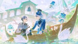  2girls absurdres ahoge aircraft arlecchino_(genshin_impact) ascot beak bell bird black_ascot black_eyes black_gloves black_hair black_pants black_shirt blue_bow blue_eyes blue_gemstone blue_hair blue_hat blue_jacket boat bow bridge building camera closed_mouth cloud cloudy_sky creature cup day european_architecture feathered_wings fish floating_hair flower flying furina_(genshin_impact) gem genshin_impact gentilhomme_usher gloves grey_hair grey_jacket grey_vest hair_between_eyes hat hat_bow hat_ornament highres holding holding_camera holding_oar hot_air_balloon jacket jar lantern lapels leaf long_hair long_sleeves looking_at_another low_ponytail low_twintails mademoiselle_crabaletta multicolored_hair multiple_girls oar on_boat open_clothes open_jacket open_mouth outdoors pants pearl_(gemstone) petals petting pink_flower ponytail purple_flower purple_sky red_flower red_hair red_pupils river shirt shui_zhi_pingshi sitting sky smile sparkle spoon standing surintendante_chevalmarin swan symbol-shaped_pupils table taking_picture top_hat tulip twintails two-tone_hair vest watercraft white_gloves white_hair white_shirt white_vest wings x-shaped_pupils 