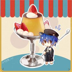  1boy black_hat blue_hair brown_eyes chibi closed_mouth cream date_a_live food fruit glass hair_between_eyes hat highres itsuka_shido japanese_clothes long_sleeves notice_lines peaked_cap pen_tzbzm pudding short_hair solo strawberry strawberry_slice wide_sleeves 