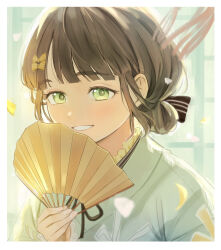  1girl 37.5c_no_fantasy black_hair blue_background blue_kimono blunt_bangs blush border bow brown_bow commentary folding_fan grin hair_bow hair_rings hand_fan hashtag-only_commentary highres hinoshita_akame holding holding_fan japanese_clothes kimono link!_like!_love_live! looking_at_viewer love_live! momose_ginko official_alternate_costume portrait short_hair smile solo virtual_youtuber white_border 