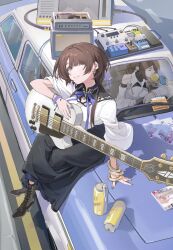  2girls absurdres black_boots black_skirt blowing_bubbles blue_eyes boots bracelet brown_hair can car chinese_commentary commentary_request crossed_legs earrings electric_guitar guitar hair_over_one_eye highres holding holding_guitar holding_instrument instrument jewelry lace-up_boots long_skirt looking_at_viewer looking_up medium_hair motor_vehicle multiple_girls on_car original parted_lips shirt sitting skirt smile white_shirt zhoudi 