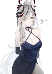  1girl absurdres aqua_eyes armpit_crease arms_behind_back asymmetrical_sidelocks black_gloves black_hair black_halo black_horns blue_archive blush breasts cleavage collarbone cowboy_shot criss-cross_halter curved_horns demon_horns dress earrings elbow_gloves frown furrowed_brow gloves gradient_halo gradient_horns grey_hair hair_ornament hair_over_one_eye hair_over_shoulder halo halter_dress halterneck high_ponytail highres horns jewelry long_hair looking_at_viewer makoto_(blue_archive) makoto_(dress)_(blue_archive) medium_breasts multicolored_hair multicolored_halo multicolored_horns multiple_horns official_alternate_costume pointy_ears ponytail red_halo reiami simple_background solo very_long_hair white_background 