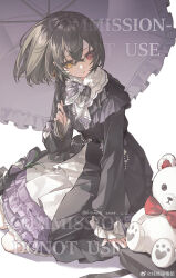  1girl absurdres black_dress black_hair bow bowtie dress earrings frilled_dress frills gothic_lolita hair_between_eyes heterochromia highres holding holding_umbrella jewelry lolita_fashion long_sleeves original purple_bow red_eyes short_hair simple_background sitting solo stuffed_animal stuffed_toy tacfigure teddy_bear umbrella white_background yellow_eyes 