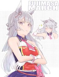 1girl ;d \m/ animal_ears armpit_crease bare_shoulders blunt_bangs blunt_ends bow braid breasts character_name closed_mouth collared_shirt commentary_request cropped_torso design_speculation dolbydig ear_bow ear_ribbon frown fujimasa_march_(umamusume) gloves grey_hair grin half_up_braid long_hair looking_at_viewer medium_breasts multiple_views necktie one_eye_closed open_mouth pink_necktie pleated_skirt purple_eyes purple_skirt red_shirt shirt skirt sleeveless sleeveless_shirt smile split_mouth umamusume umamusume:_cinderella_gray upper_body v-shaped_eyebrows white_background white_gloves