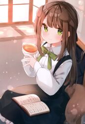  1girl absurdres animal_ears black_skirt blush book brown_hair chair closed_mouth collared_shirt cup dog_ears green_eyes heripiro highres holding holding_cup light_smile long_hair long_sleeves looking_at_viewer non-web_source open_book original overall_skirt shirt sidelocks sitting skirt solo tail teacup white_shirt window 