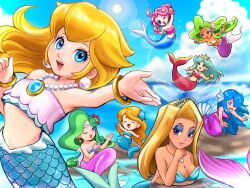  6+girls aqua_hair aqualea_(wario&#039;s_woods) bikini blonde_hair blue_hair bracelet breasts cleavage company_connection crossover densetsu_no_stafy donkey_kong_(series) donkey_kong_64 eyeshadow fins green_hair head_fins jewelry makeup mario_(series) meidou_(wario&#039;s_woods) mermaid mermaid_(donkey_kong_64) mermaid_(link&#039;s_awakening) mermaid_(starfy) mermaid_peach monster_girl multiple_crossover multiple_girls nathia_(panel_de_pon) necklace neris_(panel_de_pon) nintendo ocean panel_de_pon pink_hair princess_peach princess_peach:_showtime! rock shell shell_bikini suruga_kanade the_legend_of_zelda the_legend_of_zelda:_link&#039;s_awakening trait_connection wario&#039;s_woods water waves 