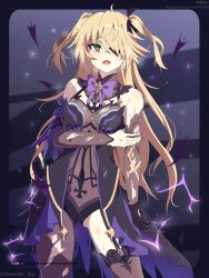  1girl absurdres black_gloves black_leotard black_nails black_ribbon blonde_hair blush bow bowtie bruise bruise_on_arm bruise_on_leg contrapposto defeat detached_sleeves eyepatch feathers fischl_(genshin_impact) genshin_impact gloves green_eyes hair_over_one_eye hair_ribbon highres injury leotard long_hair nail_polish open_mouth pantyhose purple_bow purple_bowtie purple_feathers ribbon sebunsu single_glove single_leg_pantyhose single_thighhigh standing sweatdrop thighhighs torn_clothes torn_pantyhose torn_sleeves twintails twitter_username very_long_hair 