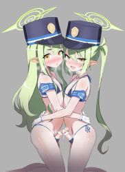  2boys armband bar_censor bare_shoulders belly-to-belly bikini black_bikini black_hat blue_archive blue_armband blush censored cosplay erection fake_halo fake_pointy_ears from_side gloves green_hair green_halo grey_background halo hat highres hikari_(blue_archive) hikari_(blue_archive)_(cosplay) kneeling long_hair looking_at_viewer looking_to_the_side male_focus miyabikawa_sakura multiple_boys nose_blush nozomi_(blue_archive) nozomi_(blue_archive)_(cosplay) open_mouth peaked_cap penis penises_touching saliva saliva_trail simple_background smile swimsuit trap twintails very_long_hair white_gloves yaoi yellow_eyes 