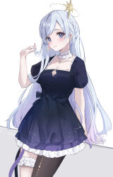  1girl arm_support black_thighhighs blue_eyes blush braid breasts character_request cleavage cleavage_cutout closed_mouth clothing_cutout collar collar_chain_(jewelry) collarbone commentary_request commission constellation_print copyright_request crescent crescent_earrings detached_collar dress earrings frilled_dress frilled_thigh_strap frills gold_halo grey_hair grey_nails hair_over_shoulder halo hand_up highres hiragi_1014 holding holding_own_hair indie_virtual_youtuber jewelry large_breasts layered_dress leaning_back leaning_on_object long_hair looking_at_viewer mizuhoshi_lyra nail_polish octagram pantyhose parted_bangs print_dress print_thighhighs puffy_short_sleeves puffy_sleeves purple_dress short_dress short_sleeves side_braids single_thighhigh skeb_commission smile solo sparkle square_neckline star_(symbol) star_halo star_in_eye star_print straight_hair symbol_in_eye thigh_strap thighhighs very_long_hair virtual_youtuber white_collar 