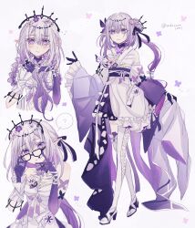  alternate_costume alternate_hairstyle blush bug butterfly castorice_(honkai:_star_rail) dress flower glasses gloves hair_bun high_heels highres honkai:_star_rail honkai_(series) insect japanese_clothes kimono long_hair purple_hair sakizome1001 skirt_hold watermark 