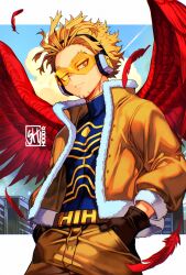  1boy black_gloves blonde_hair blue_shirt boku_no_hero_academia border closed_mouth cowboy_shot facial_hair falling_feathers feathers fur-trimmed_jacket fur_trim gloves goggles gold_trim hands_in_pockets hawks_(boku_no_hero_academia) headphones highres jacket letterboxed male_focus orange_jacket orange_pants pants red_feathers red_wings shirt short_hair signature skaggshood solo superhero_costume white_border wings  rating:General score:0 user:danbooru