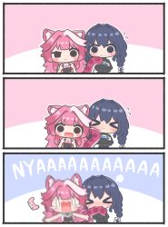  &gt;_&lt; 0_0 2girls :&lt; absurdres animal_ears biting_another&#039;s_tail black_dress blue_hair blush_stickers braid controller dress fangs game_controller hair_intakes highres hololive hololive_english long_hair mpien multicolored_hair multiple_girls open_mouth ouro_kronii ouro_kronii_(maid) panther_ears panther_girl panther_tail pink_hair raora_panthera raora_panthera_(1st_costume) screaming smile streaked_hair tail tears twin_braids virtual_youtuber white_hair 