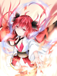 &gt;:) 1girl ahoge belt black_belt black_necktie black_ribbon black_thighhighs breasts cleavage closed_mouth collar colored_eyelashes commentary_request dande_cat date_a_live dress eyelashes fire hair_between_eyes hair_ribbon head_tilt highres itsuka_kotori jacket long_hair long_sleeves looking_at_viewer necktie open_hand orange_background outstretched_arm red_eyes red_hair red_jacket ribbon short_dress sidelocks simple_background small_breasts smile solo standing thighhighs twintails v-shaped_eyebrows white_collar white_dress white_sleeves wide_sleeves wind wind_lift zettai_ryouiki rating:Sensitive score:3 user:danbooru