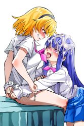  07th_expansion 1futa 1girl absurdres after_fellatio ass bar_censor bed blue_hair blue_skirt blush bound bound_together bound_wrists bow bowtie censored charm_(object) couple cuffs cum cum_in_mouth cum_on_body cumdrip dress_shirt facial furude_rika futa_with_female futanari handcuffs heart heart-shaped_pupils highres higurashi_no_naku_koro_ni hime_cut houjou_satoko key long_hair long_sleeves looking_at_another looking_down medium_hair michomicho no_panties no_pants on_bed open_mouth oral penis pink_bow pink_eyes purple_eyes school_uniform shirt short_sleeves sidelocks simple_background sitting skirt smile straight_hair symbol-shaped_pupils tongue tongue_out veins veiny_penis very_long_hair white_background white_shirt 
