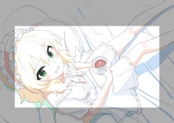 1girl absurdres blonde_hair blush cup dress frilled_dress frills from_above green_eyes hairband highres idolmaster idolmaster_cinderella_girls idolmaster_cinderella_girls_u149 lolita_hairband looking_at_viewer papiyon1297 sakurai_momoka saucer sitting smile solo teacup rating:General score:7 user:danbooru
