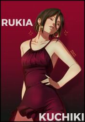  1girl armpit_peek armpits backless_dress backless_outfit bare_arms bare_back bare_shoulders black_background black_hair bleach breasts character_name cocktail_dress collarbone dress earrings english_text frilled_dress frills gold_earrings gradient_background hair_between_eyes hair_bun hand_on_own_hip head_tilt highres hoop_earrings jewelry kuchiki_rukia looking_to_the_side m1rimorinku medium_hair parted_lips purple_eyes red_background red_dress red_lips short_dress sideboob sidelocks signature small_breasts solo sparkle thigh_peek thighs twitter_username 