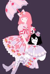  2girls adventure_time alternate_hair_length alternate_hairstyle black_hair boots braid dress fangs flat_color happy hat holding_hands lolita_fashion looking_at_viewer marceline_abadeer mini_hat mizki_(pixiv3557983) multiple_girls pink_hair pinky_out princess princess_bonnibel_bubblegum purple_background red_eyes shawl short_hair shorts simple_background smile top_hat twin_braids umbrella vampire 