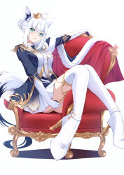  1girl absurdres ahoge animal_ear_fluff animal_ears blush boots braid breasts cape crown double_bun earrings epaulettes extra_ears fox_ears fox_girl fox_tail fur-trimmed_cape fur_trim garter_belt gloves green_eyes hair_between_eyes hair_bun high_heel_boots high_heels highres hololive jacket jewelry looking_at_viewer mini_crown mira_bluesky3 official_alternate_costume official_alternate_hairstyle outstretched_arm red_cape shirakami_fubuki shirakami_fubuki_(fbkingdom) sidelocks simple_background single_braid sitting sitting_on_throne skirt small_breasts smile solo tail thigh_boots throne virtual_youtuber weapon white_background white_gloves white_hair white_jacket white_skirt 