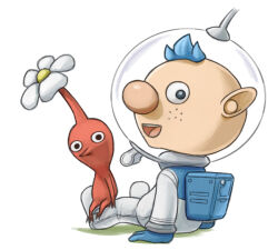  1boy alph_(pikmin) backpack bag big_nose black_eyes blue_bag blue_gloves blue_hair colored_skin commentary_request flower freckles full_body gloves happy helmet looking_at_viewer looking_back male_focus naru_(wish_field) nintendo no_mouth open_mouth pikmin_(creature) pikmin_(series) pointy_nose radio_antenna red_pikmin red_skin shadow short_hair simple_background sitting sitting_on_lap sitting_on_person smile space_helmet spacesuit teeth upper_teeth_only very_short_hair whistle white_background white_flower 