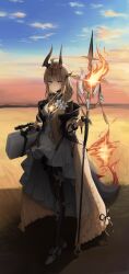  1girl absurdres ahoge arknights black_gloves black_horns black_pantyhose black_shirt blonde_hair blunt_bangs breasts commentary_request day diffraction_spikes dress fire flower full_body gloves green_eyes hair_flower hair_ornament highres holding horns ieasty infection_monitor_(arknights) korean_commentary long_hair looking_at_viewer medium_breasts mixed-language_commentary outdoors pantyhose parted_lips reed_(arknights) reed_the_flame_shadow_(arknights) shirt shoes single_glove solo standing sunlight turtleneck turtleneck_shirt white_dress white_flower white_shoes 