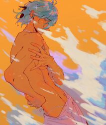  1boy abs absurdres blue_eyes blue_hair cove_holden covering_nipples covering_privates gradient_background hand_on_own_back hand_on_own_chest highres jewelry looking_back male_focus necklace no_shirt our_life:_beginnings_and_always pectorals sadlad03 shell shell_necklace short_hair shorts solo tan toned toned_male twisted_torso upper_body water 
