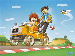  1boy 1girl blue_shell_(mario) breasts day dress driving earrings flower_earrings flying grin jewelry kart mario_(series) mario_kart mario_kart:_double_dash!! mountain nintendo open_mouth orange_dress original princess_daisy puffy_short_sleeves puffy_sleeves road short_sleeves smile super_mushroom thebourgyman tree wings worried 