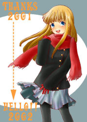  1girl 2001 2002 bad_id black_pantyhose black_sweater blonde_hair blue_eyes blush buttons cowboy_shot earrings grey_background grey_skirt jewelry looking_at_viewer miniskirt new_year open_mouth original pantyhose red_eyes red_scarf scarf sidelocks skirt smile solo sweater tachibana_sakuya_(matsurika) two-tone_background white_background 