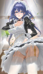  1girl absurdres apron black_dress blue_eyes blue_hair blush braid breasts dress embarrassed frilled_dress frilled_wrist_cuffs frills furrowed_brow garter_straps gluteal_fold groin highres hololive hololive_english juliet_sleeves large_breasts long_hair long_sleeves looking_at_viewer low_twin_braids maid maid_apron maid_headdress motion_blur ouro_kronii ouro_kronii_(maid) panties pantyshot pocket_watch puffy_sleeves shalink solo thighhighs twin_braids underwear virtual_youtuber watch wavy_mouth weapon_in_legwear white_apron white_garter_straps white_panties white_thighhighs wind wind_lift wrist_cuffs 