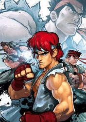  &gt;:( 4boys bare_arms black_eyes black_hair brown_hair clenched_hand closed_eyes darkdux dougi eyebrows fighting_stance fingerless_gloves gloves hadouken headband highres ink looking_afar looking_at_viewer looking_to_the_side male_focus manly mma_gloves multiple_boys multiple_persona muscular open_mouth pectorals red_gloves red_hair red_headband ryu_(street_fighter) serious short_hair signature sleeveless street_fighter street_fighter_i street_fighter_iii_(series) street_fighter_zero_(series) torn_clothes white_headband 