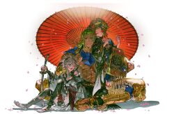  1boy 2girls absurdres bangs_pinned_back black_thighhighs blood blood_from_mouth blood_on_arm blood_on_body blood_on_clothes blood_on_face blood_on_hands blood_on_leg blue_eyes brown_hair carrying carrying_person cherry_blossoms closed_mouth datehyogo fate/samurai_remnant fate_(series) floral_print full_body green_hair hair_ornament hair_slicked_back haori highres holding holding_sword holding_weapon japanese_clothes jewelry kanzashi kimono koma-geta lifting_person lipstick long_hair magatama magatama_necklace makeup manaita_obi miyamoto_musashi_(fate) miyamoto_musashi_(woman_of_niten_ichiryuu)_(fate) multiple_girls mura_karuki necklace nihongami oil-paper_umbrella oiran one_eye_closed open_mouth petals pink_hair print_haori print_kimono red_umbrella rogue_berserker_(fate/samurai_remnant) sandals shadow simple_background single_sidelock sitting sitting_on_arm smile sword takao_dayu_(fate) thighhighs topless_male umbrella umbrella_over_shoulder weapon white_background white_kimono wide_sleeves 