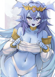  1girl absurdres blue_eyes blue_hair blue_skin body_markings breasts cleavage collarbone colored_skin cotan_(actancyaga) cowboy_shot detached_sleeves dominus_impulse duel_monster gold_collar head_wings highres holding holding_unworn_clothes large_breasts long_hair long_sleeves panties partially_undressed pointy_ears solo tiara underwear wings yu-gi-oh!  rating:Sensitive score:1 user:danbooru