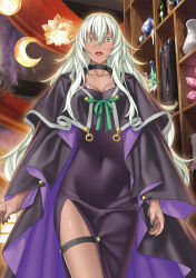  1girl anemone_de_la_cerda bare_legs black_choker bottle breasts cape choker cleavage_cutout clothing_cutout colored_eyelashes covered_navel crescent dark-skinned_female dark_elf dark_skin dress elf green_eyes green_ribbon hair_between_eyes hanging_light highres kannatsuki_noboru long_hair magical_explorer novel_illustration official_art open_mouth pencil_dress pointy_ears porcelain purple_nails ribbon second-party_source shelf side_slit solo star_(symbol) thigh_strap very_long_hair white_eyelashes white_hair wine_bottle 
