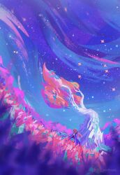  1other :o blue_dress blurry blurry_foreground dress field flower flower_field headband landscape looking_up meadow nature original outdoors painterly pastel_colors rabbit_boy saturated scenery size_difference sky solo sparkle star_(sky) starry_sky tree tulip white_tree zandra 