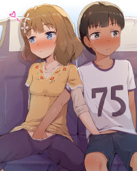 1boy 1girl blue_eyes blush brown_eyes brown_hair kodomo_doushi fingering hand_in_panties hand_in_shorts heart hetero highres idolmaster idolmaster_million_live! loli looking_away looking_to_the_side mutual_masturbation panties seneto short_hair shorts shota sitting suou_momoko underwear rating:Explicit score:711 user:danbooru