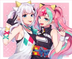  2girls :d :p aqua_hair bad_id bad_pixiv_id black_dress black_gloves blue_eyes blunt_bangs cleavage_cutout clothing_cutout commentary_request cosplay costume_switch dress gloves green_neckwear hair_ornament kaguya_luna kaguya_luna_(character) kaguya_luna_(character)_(cosplay) long_hair looking_at_viewer multicolored_hair multiple_girls obi open_mouth peta_(snc7) pinky_pop_hepburn pinky_pop_hepburn_(cosplay) ribbon sash short_hair silver_hair sleeveless sleeveless_dress smile the_moon_studio tongue tongue_out twintails two-tone_hair v virtual_youtuber white_ribbon wrist_ribbon x_hair_ornament 