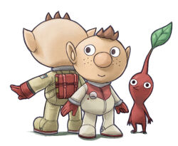  2boys alph_(pikmin) back-to-back backpack bag black_eyes brown_hair buckle buttons closed_mouth colored_skin commentary_request freckles from_behind gauge gloves leaf looking_at_viewer male_focus multiple_boys naru_(wish_field) nintendo no_headwear no_mouth official_alternate_color olimar outstretched_arm palette_swap patch pikmin_(creature) pikmin_(series) pointy_ears pointy_nose red_bag red_gloves red_pikmin red_skin short_hair simple_background smile spacesuit standing super_smash_bros. very_short_hair white_background 