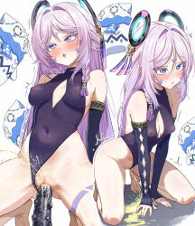  1girl ^^^ absurdres armlet bare_shoulders blue_eyes blush braid breasts censored citlali_(genshin_impact) collarbone commentary_request covered_erect_nipples covered_navel detached_sleeves dildo dildo_riding facial_mark feathers floating_headgear forehead_mark genshin_impact groin hair_intakes headgear highres jewelry leotard long_hair looking_up mosaic_censoring open_mouth peeing pink_feathers pink_hair pink_pupils purple_feathers purple_leotard purple_sleeves pussy ribbed_leotard ribbed_sleeves ring_hair_ornament sex_toy solo_focus thighs triangle triangle_facial_mark vaginal yavuravu 