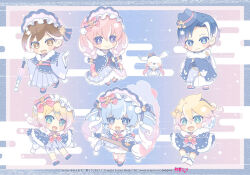  2girls 4boys :d aqua_eyes artist_name blonde_hair blue_capelet blue_eyes blue_gloves blue_hair blue_hat blue_shoes blue_shorts bonnet bow brown_hair capelet chibi chibi_only commentary_request copyright_notice crescent full_body fur-trimmed_capelet fur_trim gloves gradient_hair hair_between_eyes hair_bow hat hatsune_miku holding holding_paintbrush holding_umbrella japanese_clothes kagamine_len kagamine_rin kaito_(vocaloid) kimono logo long_hair megurine_luka meiko meiko_(vocaloid) mikanmochi multicolored_hair multiple_boys multiple_girls official_art open_mouth paintbrush pink_bow pink_hair purple_eyes purple_skirt second-party_source shoes shorts skirt smile streaked_hair tongue twintails umbrella very_long_hair vocaloid white_hair yuki_kaito yuki_len yuki_luka yuki_meiko yuki_miku yuki_miku_(2023) yuki_rin 
