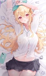  1girl arm_up black_skirt blonde_hair blush bow breasts butterfly_hair_ornament cellphone collared_shirt commentary deyui english_commentary fairy green_ribbon hair_bow hair_ornament hairclip highres jewelry key key_necklace lock long_hair lying medium_breasts midriff miniskirt navel necklace nijisanji nijisanji_en on_back open_mouth partially_unbuttoned phone pleated_skirt pointy_ears pomu_rainpuff red_eyes ribbon shirt skirt smartphone solo sweat sweatdrop thighs unbuttoned unbuttoned_shirt virtual_youtuber white_shirt wing_collar 