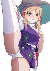  1girl :o absurdres animal_print blonde_hair blush breasts brown_hat darumoon flexible frog_print groin hair_ornament hair_ribbon hat highres holding_leg horizontal_pupils leg_hold leg_lift leg_up long_hair looking_at_viewer medium_breasts moriya_suwako nose_blush open_mouth panties parted_bangs purple_skirt purple_vest red_ribbon ribbon shirt simple_background skirt skirt_set solo split standing standing_on_one_leg standing_split stretching sweatdrop thighhighs thighs touhou turtleneck underwear vest white_background white_panties white_thighhighs wide_sleeves yellow_eyes  rating:Sensitive score:31 user:danbooru