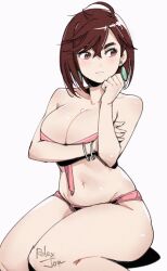  1girl artist_name ayase_momo bangle bare_arms bare_shoulders blush bra bracelet breasts brown_eyes brown_hair cleavage closed_mouth commentary crossed_bangs dandadan earrings english_commentary hair_between_eyes hand_up highres jewelry large_breasts looking_to_the_side multiple_bracelets navel panties parted_bangs pink_bra pink_panties relaxjon short_hair sideways_glance simple_background sitting solo stomach thick_eyebrows underwear underwear_only white_background 